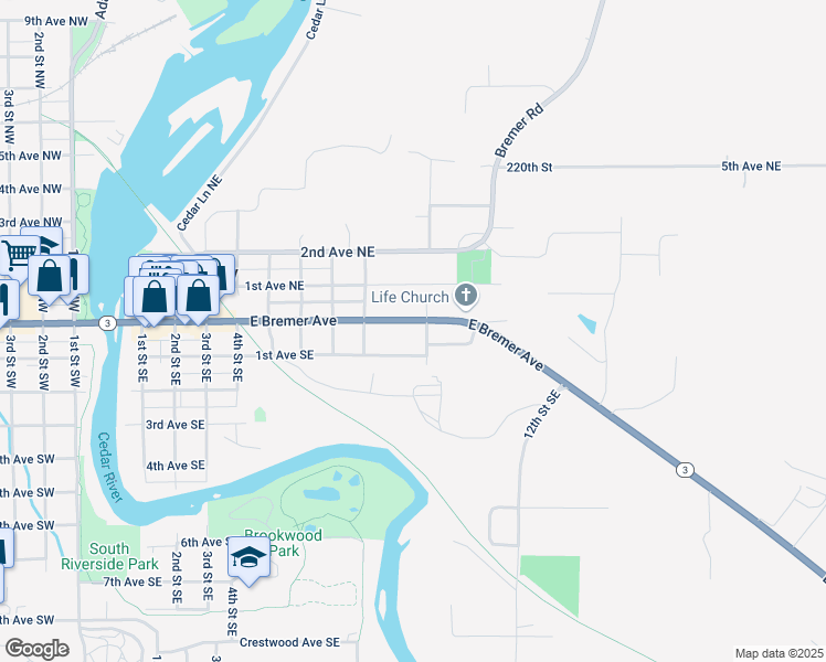 map of restaurants, bars, coffee shops, grocery stores, and more near 911 East Bremer Avenue in Waverly