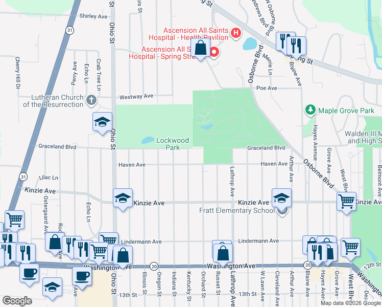 map of restaurants, bars, coffee shops, grocery stores, and more near 4117 Graceland Boulevard in Racine
