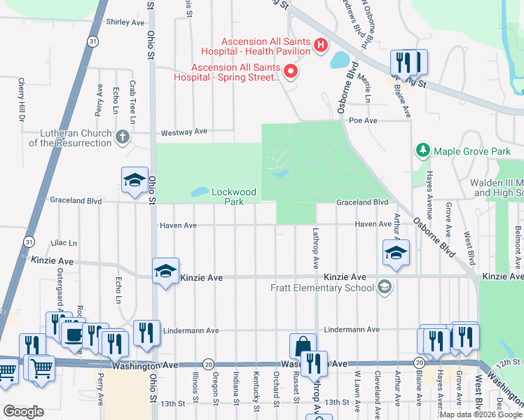 map of restaurants, bars, coffee shops, grocery stores, and more near 4117 Graceland Boulevard in Racine