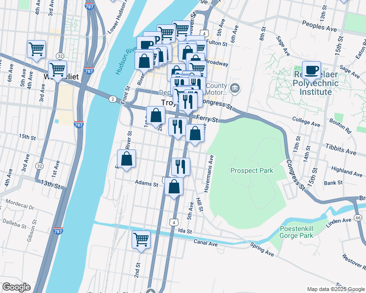 map of restaurants, bars, coffee shops, grocery stores, and more near 211 4th Street in Troy