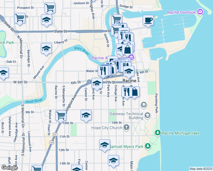 map of restaurants, bars, coffee shops, grocery stores, and more near 730 Wisconsin Avenue in Racine