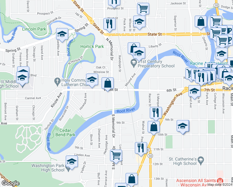 map of restaurants, bars, coffee shops, grocery stores, and more near in Racine