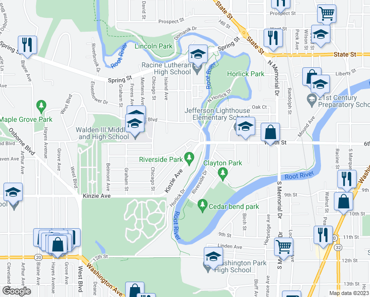 map of restaurants, bars, coffee shops, grocery stores, and more near 2007 Carmel Avenue in Racine