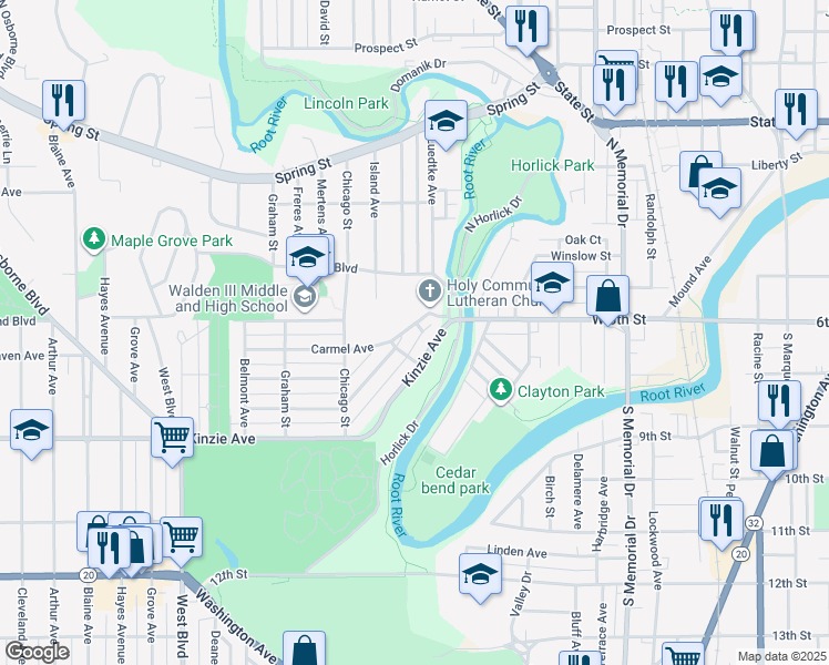 map of restaurants, bars, coffee shops, grocery stores, and more near 2007 Carmel Avenue in Racine