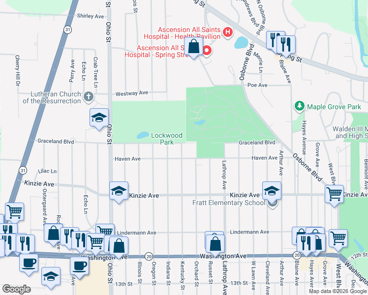 map of restaurants, bars, coffee shops, grocery stores, and more near 4117 Graceland Boulevard in Racine