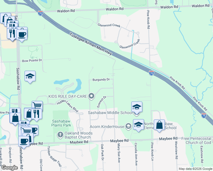 map of restaurants, bars, coffee shops, grocery stores, and more near 5333 Burgundy Drive in Clarkston
