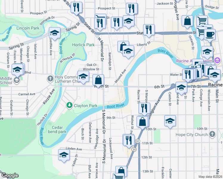 map of restaurants, bars, coffee shops, grocery stores, and more near in Racine