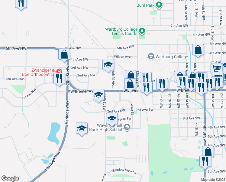 map of restaurants, bars, coffee shops, grocery stores, and more near 101 15th Street Northwest in Waverly