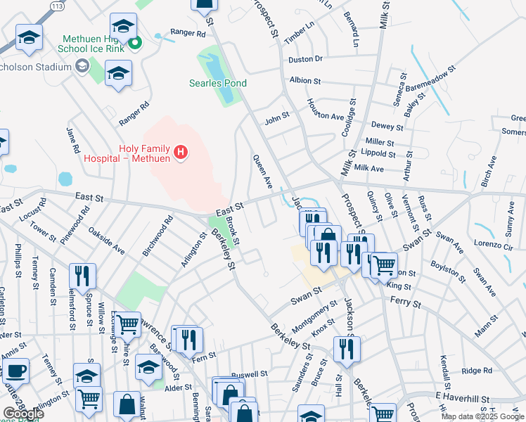 map of restaurants, bars, coffee shops, grocery stores, and more near 95 East Street in Methuen