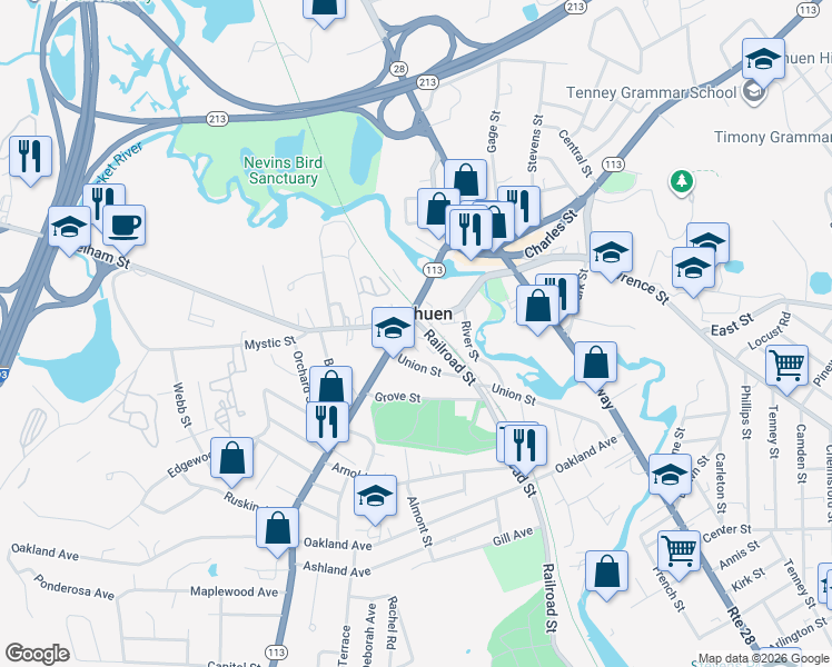 map of restaurants, bars, coffee shops, grocery stores, and more near 114 Railroad Street in Methuen