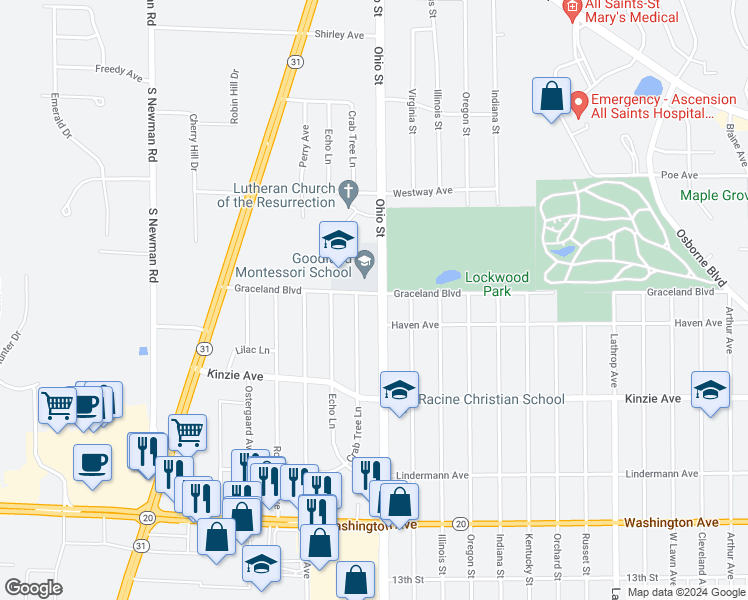 map of restaurants, bars, coffee shops, grocery stores, and more near 600 Ohio Street in Racine