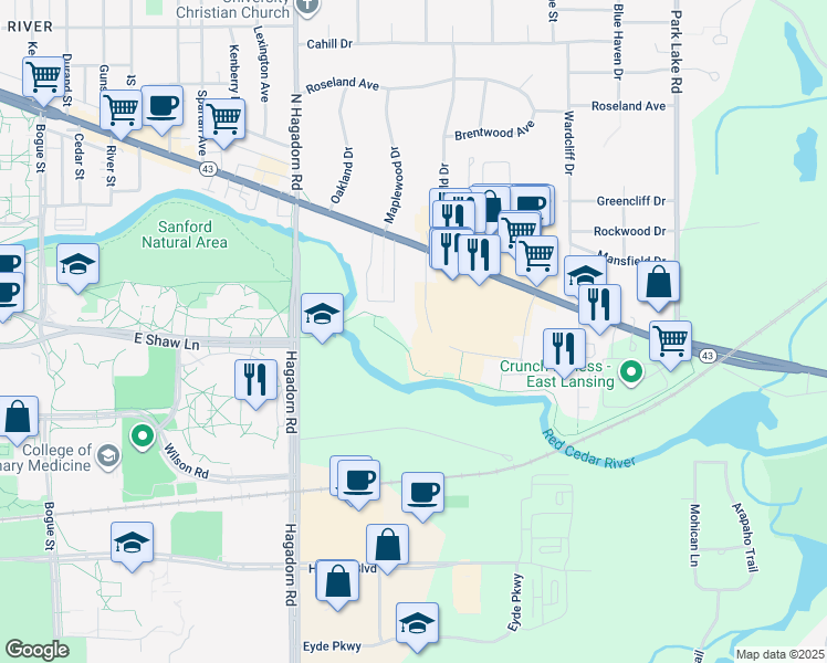 map of restaurants, bars, coffee shops, grocery stores, and more near 2900 Northwind Drive in East Lansing