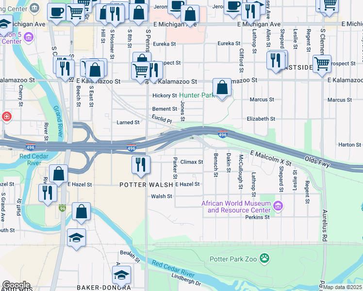 map of restaurants, bars, coffee shops, grocery stores, and more near 1131 Malcolm X Street in Lansing