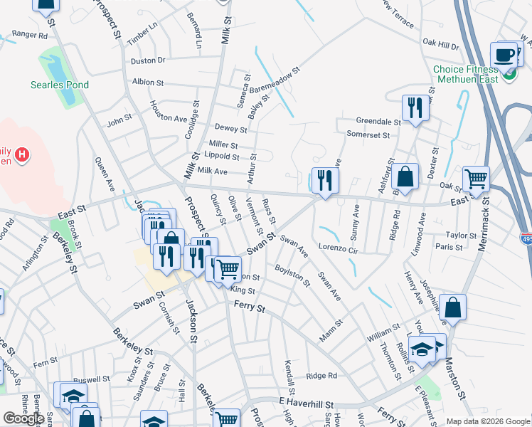 map of restaurants, bars, coffee shops, grocery stores, and more near 1 Fairoaks Avenue in Methuen