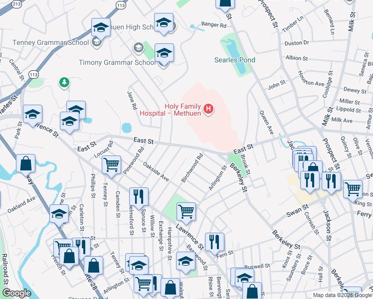 map of restaurants, bars, coffee shops, grocery stores, and more near 59 East Street in Methuen