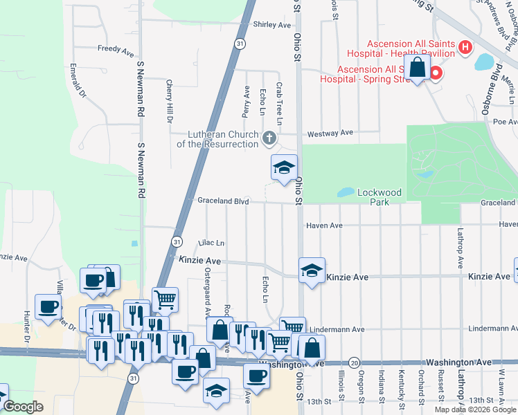 map of restaurants, bars, coffee shops, grocery stores, and more near 4901 Graceland Boulevard in Racine