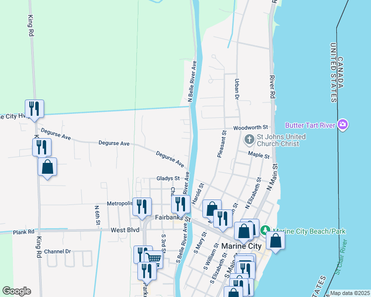map of restaurants, bars, coffee shops, grocery stores, and more near 492 North Belle River Avenue in Marine City