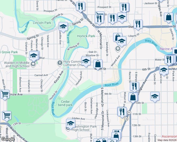 map of restaurants, bars, coffee shops, grocery stores, and more near 1604 West 6th Street in Racine