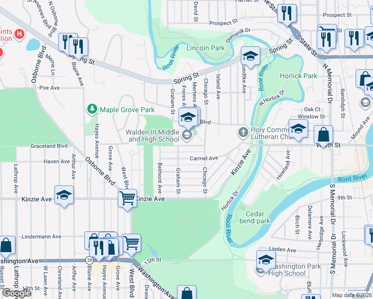 map of restaurants, bars, coffee shops, grocery stores, and more near 2340 Mohr Avenue in Racine