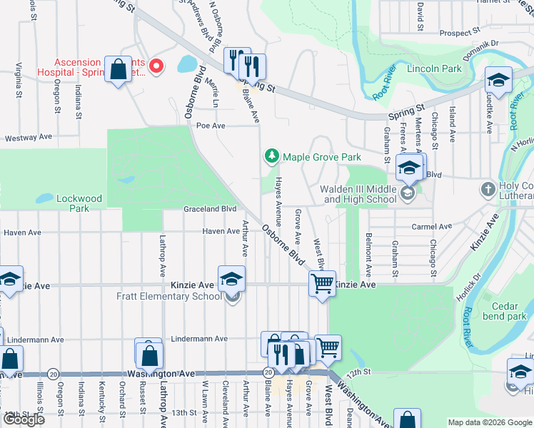 map of restaurants, bars, coffee shops, grocery stores, and more near 518 Blaine Avenue in Racine