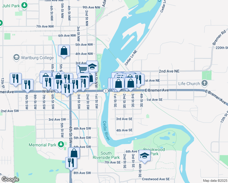 map of restaurants, bars, coffee shops, grocery stores, and more near 105 East Bremer Avenue in Waverly