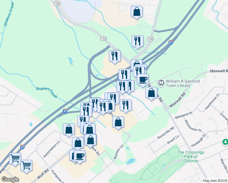 map of restaurants, bars, coffee shops, grocery stores, and more near 216 Wolf Road in Albany