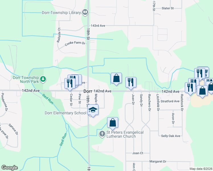 map of restaurants, bars, coffee shops, grocery stores, and more near 1783 142nd Avenue in Dorr