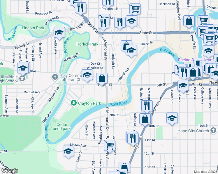 map of restaurants, bars, coffee shops, grocery stores, and more near 255 North Memorial Drive in Racine