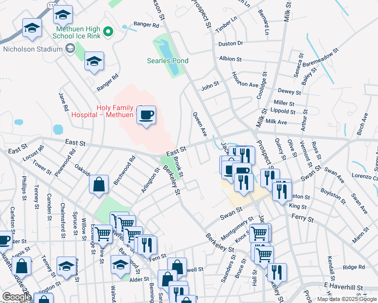map of restaurants, bars, coffee shops, grocery stores, and more near 2 Agnes Terrace in Methuen