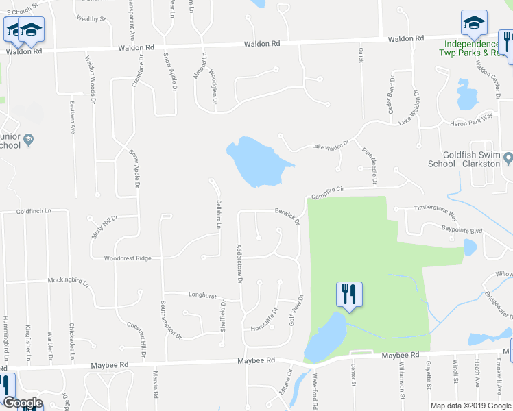 map of restaurants, bars, coffee shops, grocery stores, and more near 6778 Berwick Drive in Clarkston