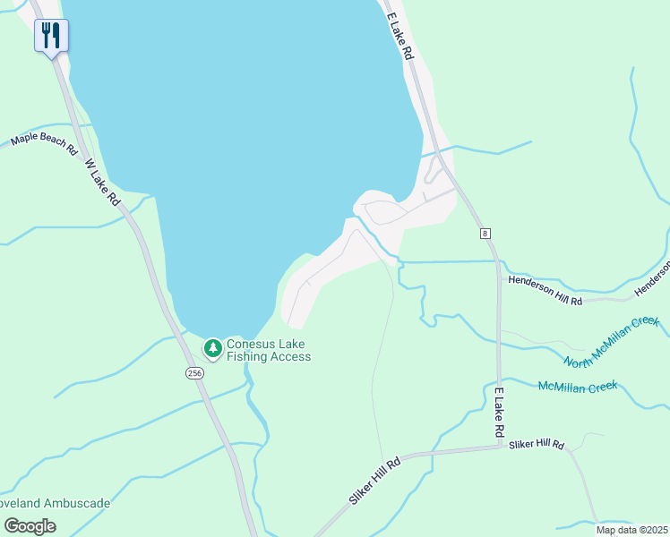 map of restaurants, bars, coffee shops, grocery stores, and more near 5715 Dacola Shores Road in Conesus