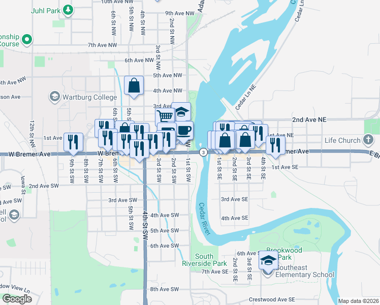map of restaurants, bars, coffee shops, grocery stores, and more near 0 Highway 3 in Waverly