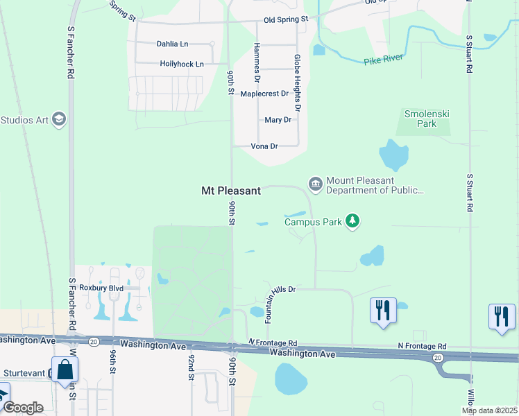 map of restaurants, bars, coffee shops, grocery stores, and more near 8811 Campus Drive in Mount Pleasant