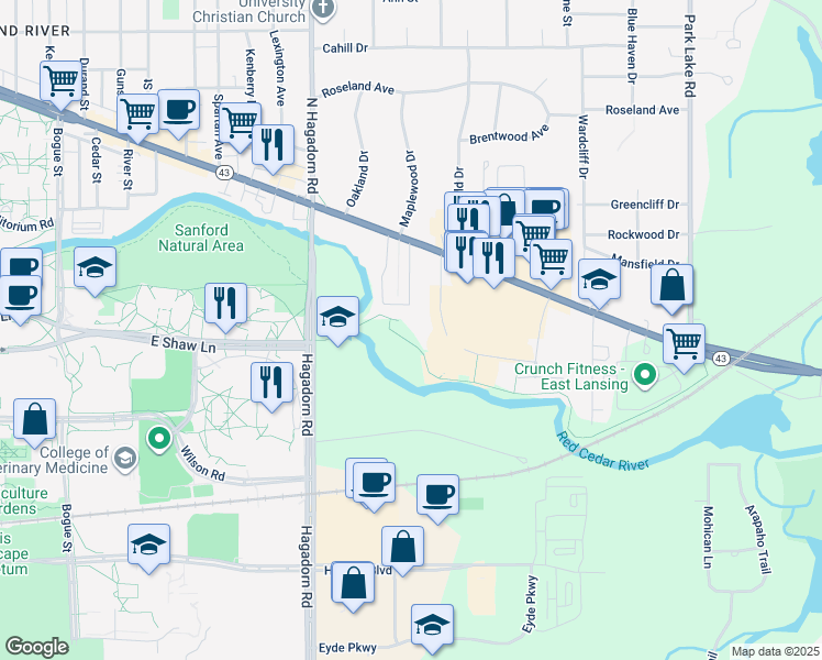 map of restaurants, bars, coffee shops, grocery stores, and more near 2900 Northwind Drive in East Lansing