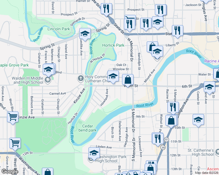 map of restaurants, bars, coffee shops, grocery stores, and more near 1732 West 6th Street in Racine