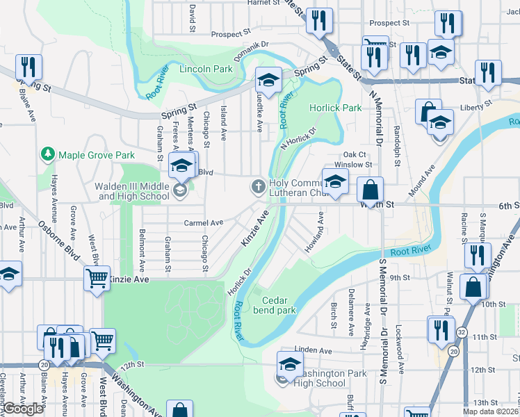 map of restaurants, bars, coffee shops, grocery stores, and more near 2007 Carmel Avenue in Racine