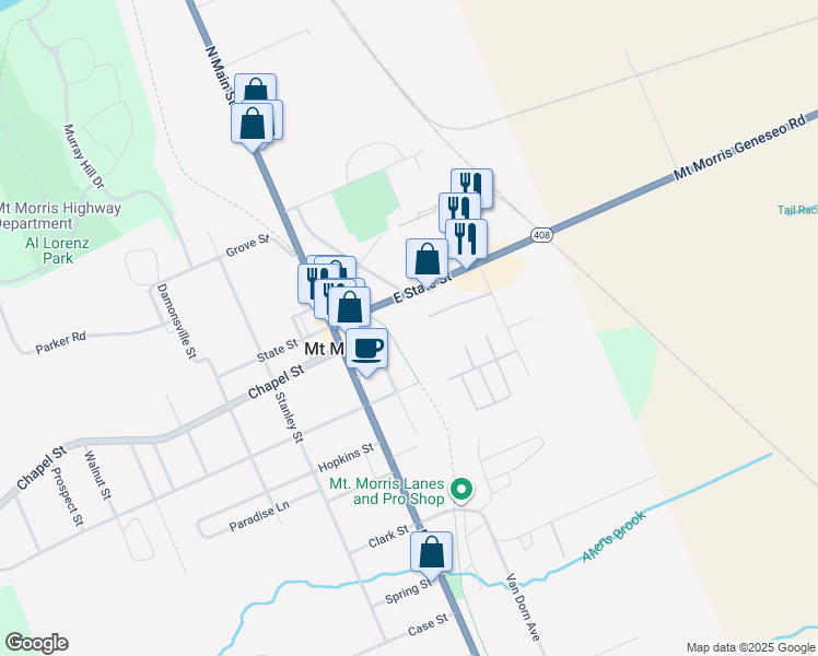 map of restaurants, bars, coffee shops, grocery stores, and more near 14 East State Street in Mount Morris
