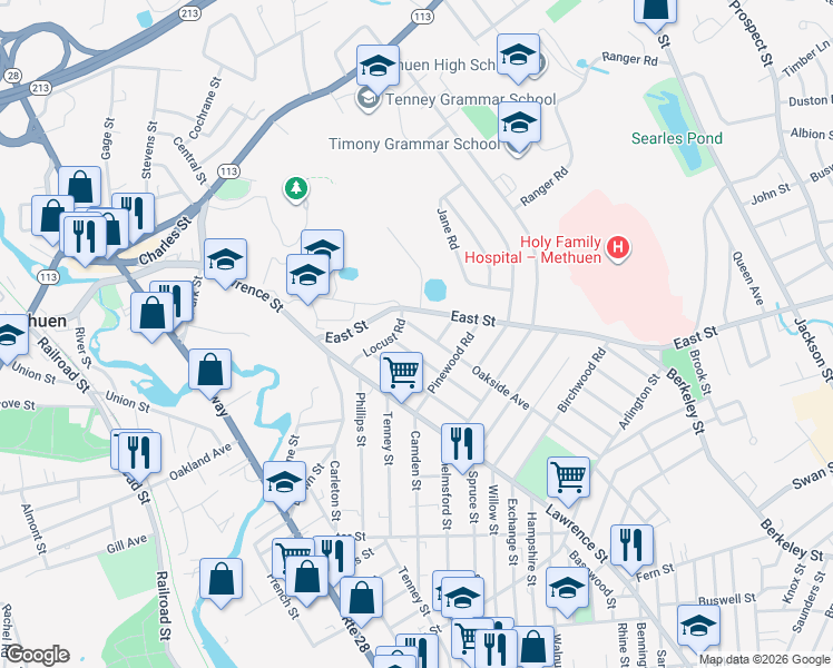 map of restaurants, bars, coffee shops, grocery stores, and more near 170 Oakside Avenue in Methuen