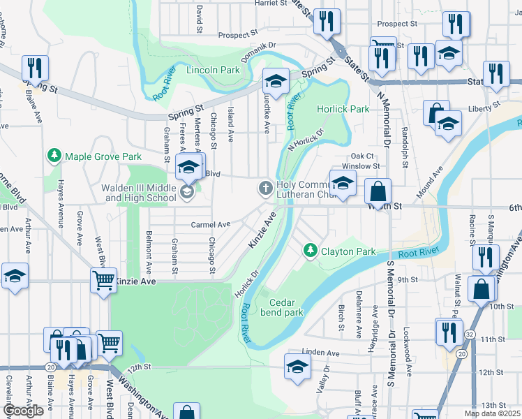 map of restaurants, bars, coffee shops, grocery stores, and more near 2007 Carmel Avenue in Racine
