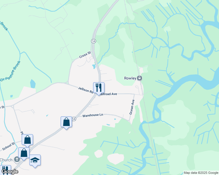 map of restaurants, bars, coffee shops, grocery stores, and more near 23 Deerfield Lane in Rowley