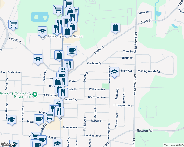 map of restaurants, bars, coffee shops, grocery stores, and more near 157 George Street in Hamburg