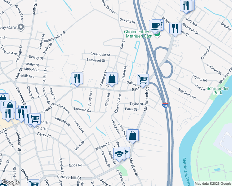map of restaurants, bars, coffee shops, grocery stores, and more near 193 East Street in Methuen