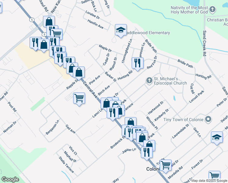 map of restaurants, bars, coffee shops, grocery stores, and more near 12 Red Fox Drive in Colonie