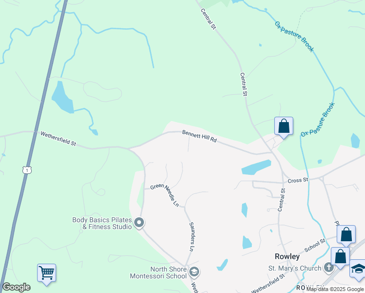 map of restaurants, bars, coffee shops, grocery stores, and more near 11 Merrills Way in Rowley