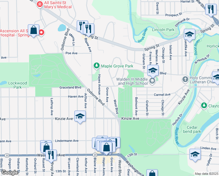 map of restaurants, bars, coffee shops, grocery stores, and more near 602 West Boulevard in Racine