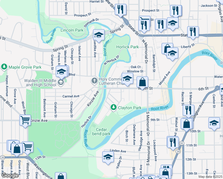 map of restaurants, bars, coffee shops, grocery stores, and more near 1833 West 6th Street in Racine