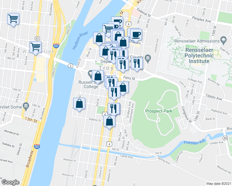map of restaurants, bars, coffee shops, grocery stores, and more near 80 Division Street in Troy