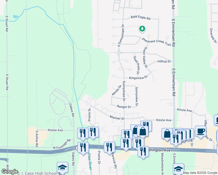 map of restaurants, bars, coffee shops, grocery stores, and more near 6825 Redstone Circle in Racine