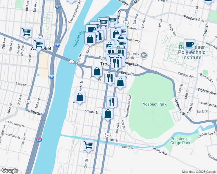map of restaurants, bars, coffee shops, grocery stores, and more near 168 3rd Street in Troy