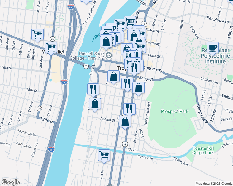 map of restaurants, bars, coffee shops, grocery stores, and more near 56 Division Street in Troy